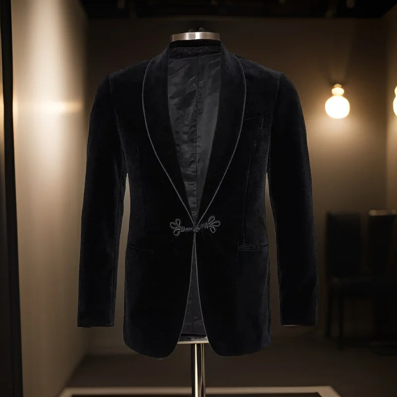Men's Black Velvet Blazer Jacket with Satin Lapel and Trim Detailing