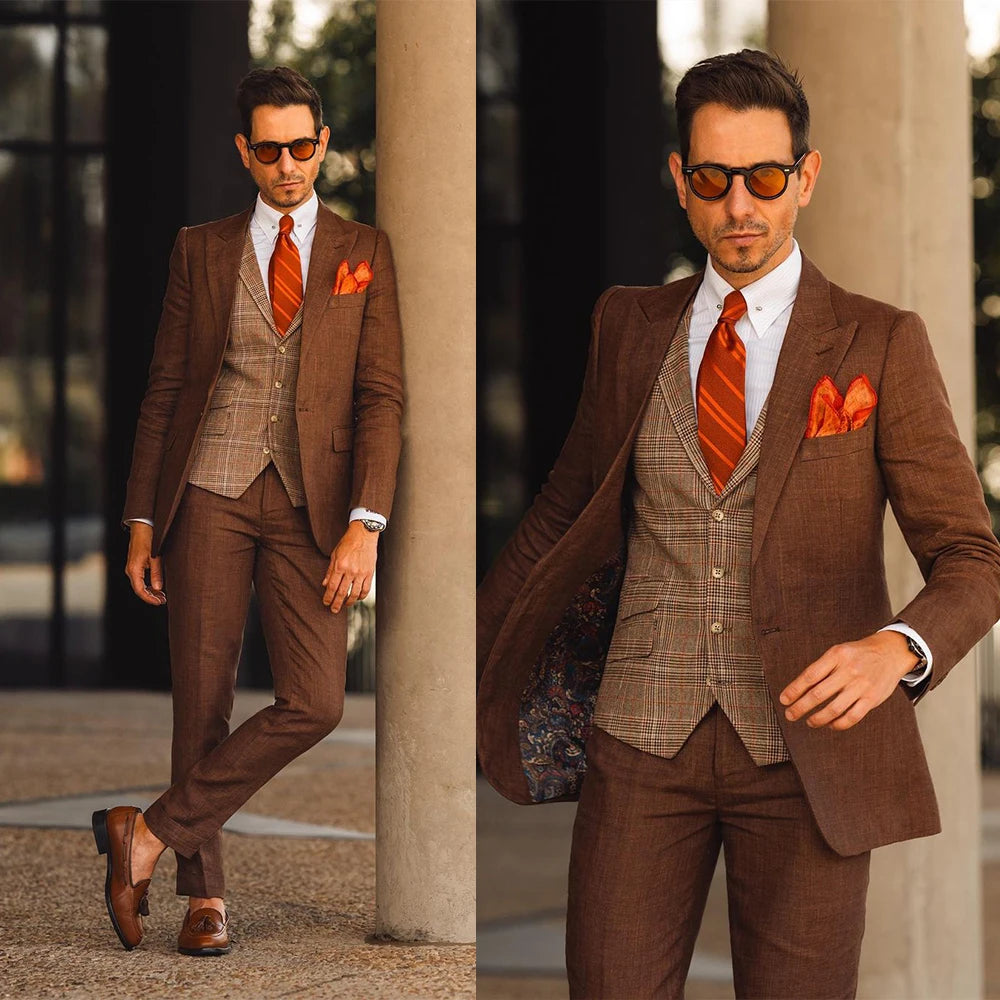 Vintage Brown Slim Fit Men Wedding Suit Classic Two-Pieces Bridegroom Jacket Custom Made Party Tuxedos（Coat+Pant）