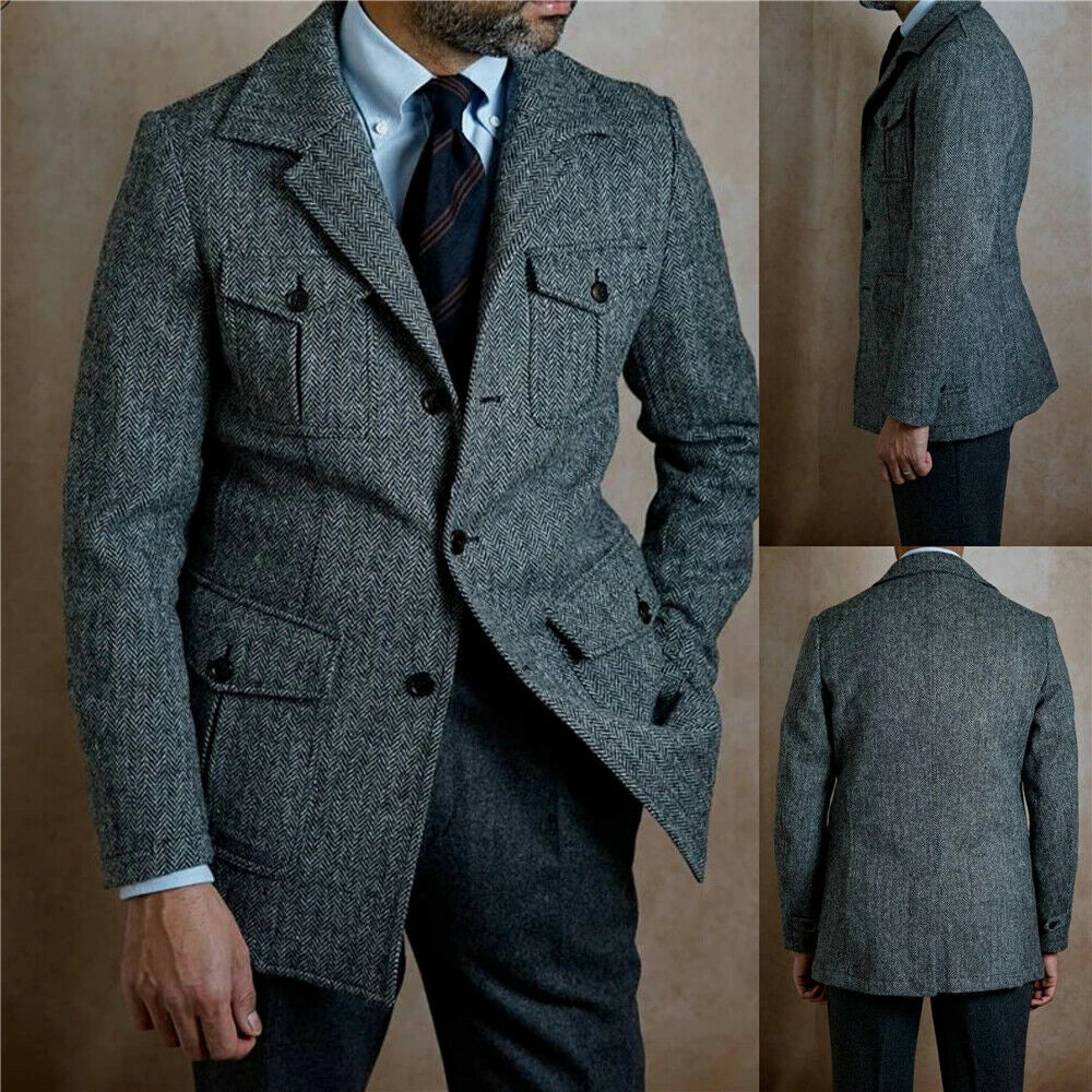 Costume d'affaires vintage pour homme, coupe slim, en tweed gris à chevrons, smoking, costume de marié pour homme, veste à revers cranté, blazer masculin