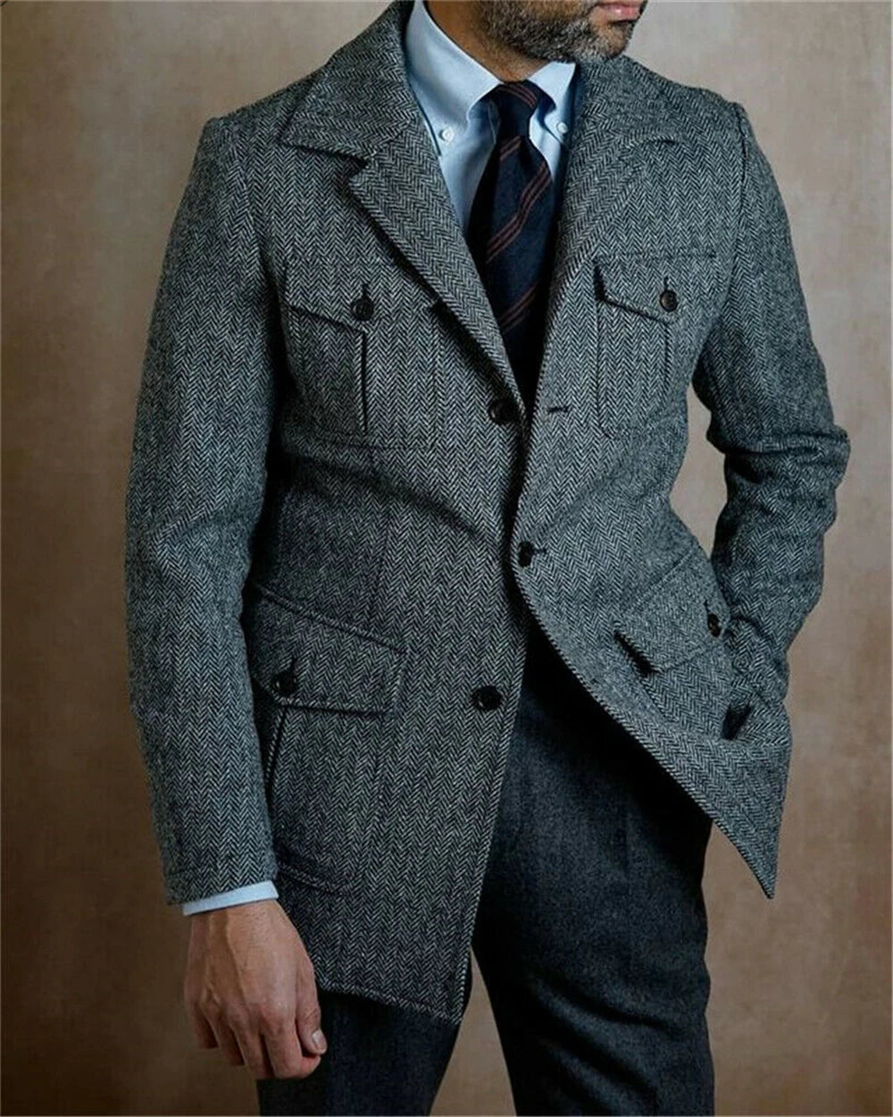 Costume d'affaires vintage pour homme, coupe slim, en tweed gris à chevrons, smoking, costume de marié pour homme, veste à revers cranté, blazer masculin
