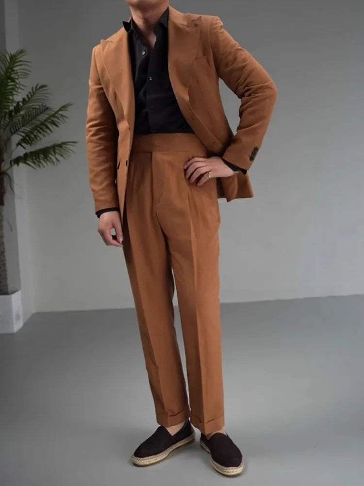 Vintage Business Men Work Suit Set High Quality Cotton Linen Blazer Jacket Pants Two Piece Set Slim Fit Groom Wedding Dress Suit