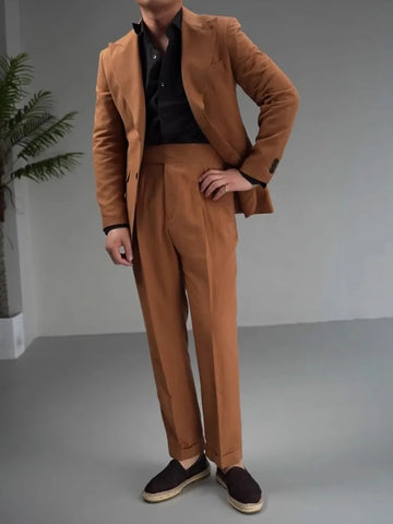 Vintage Business Men Work Suit Set High Quality Cotton Linen Blazer Jacket Pants Two Piece Set Slim Fit Groom Wedding Dress Suit