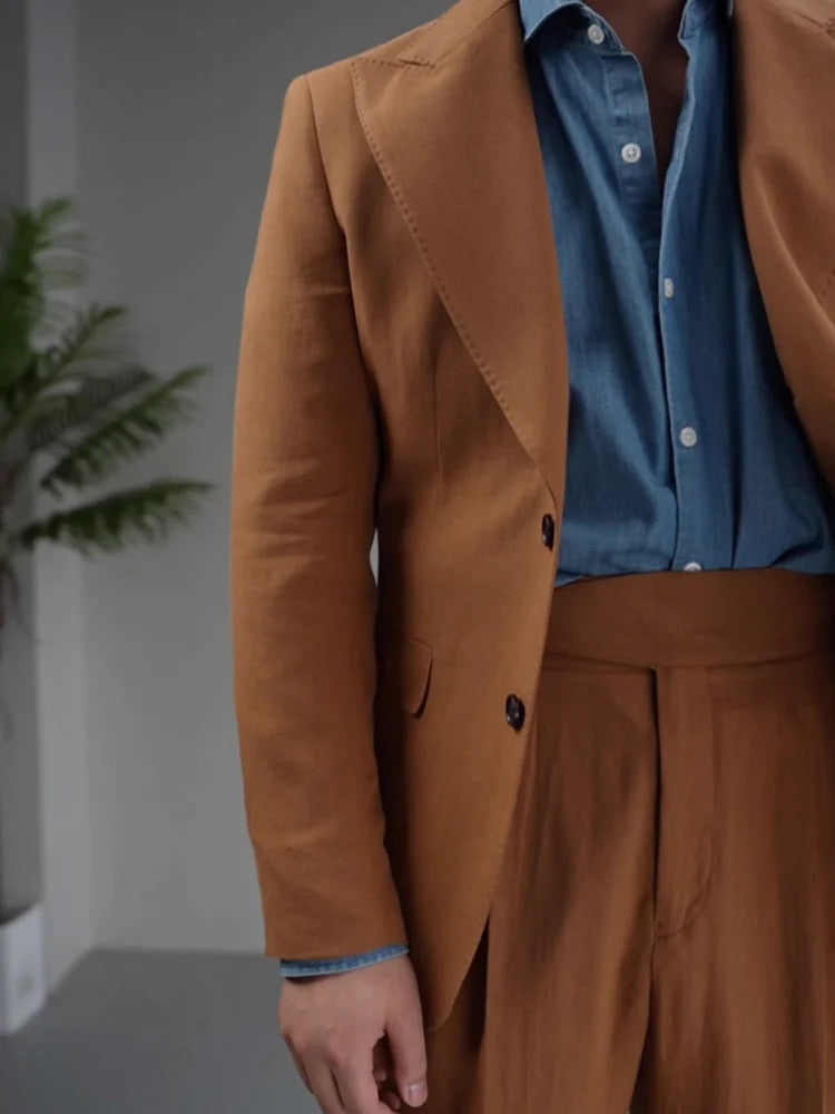 Costume de travail vintage pour homme, ensemble blazer, veste et pantalon en coton et lin de haute qualité, ensemble deux pièces, coupe slim, robe de mariée