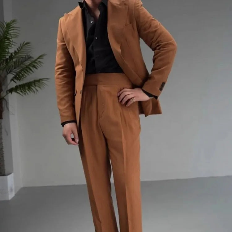 Costume de travail vintage pour homme, ensemble blazer, veste et pantalon en coton et lin de haute qualité, ensemble deux pièces, coupe slim, robe de mariée