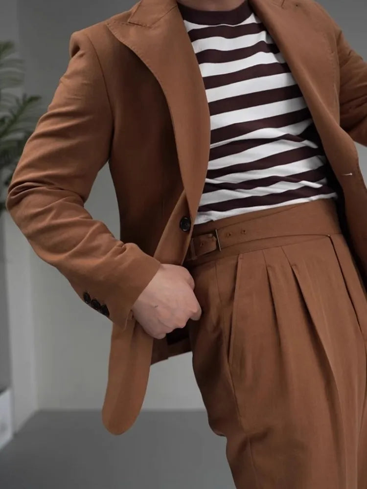 Costume de travail vintage pour homme, ensemble blazer, veste et pantalon en coton et lin de haute qualité, ensemble deux pièces, coupe slim, robe de mariée