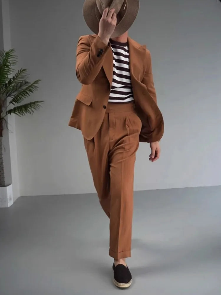 Costume de travail vintage pour homme, ensemble blazer, veste et pantalon en coton et lin de haute qualité, ensemble deux pièces, coupe slim, robe de mariée