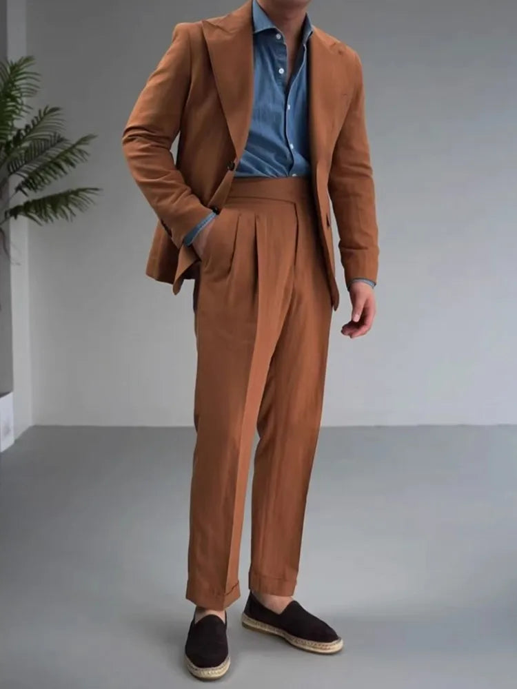 Costume de travail vintage pour homme, ensemble blazer, veste et pantalon en coton et lin de haute qualité, ensemble deux pièces, coupe slim, robe de mariée
