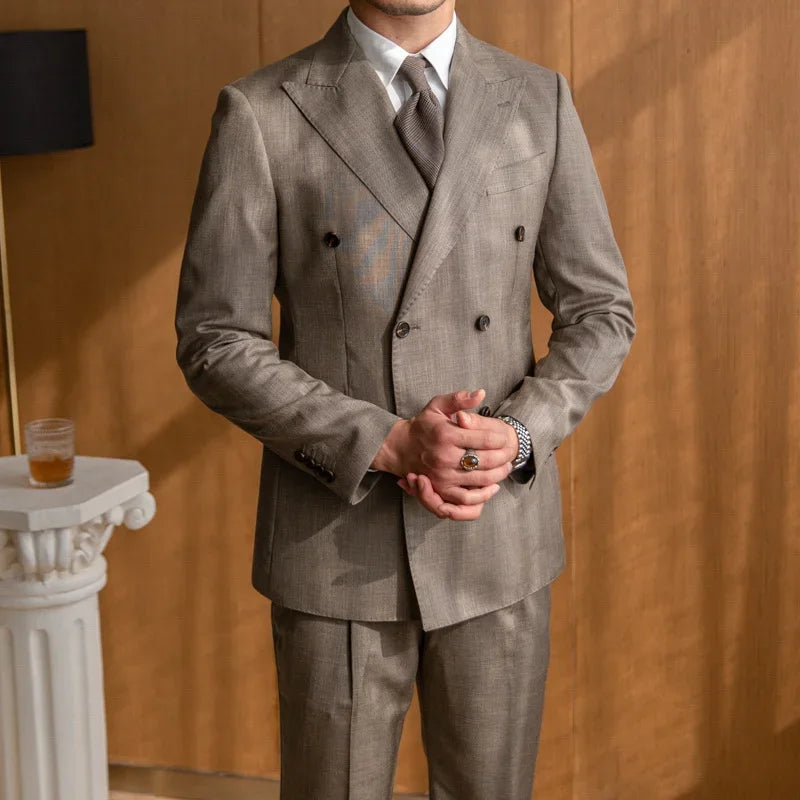Costume croisé marron pour homme, coupe ajustée, revers en pointe, tenue d'affaires