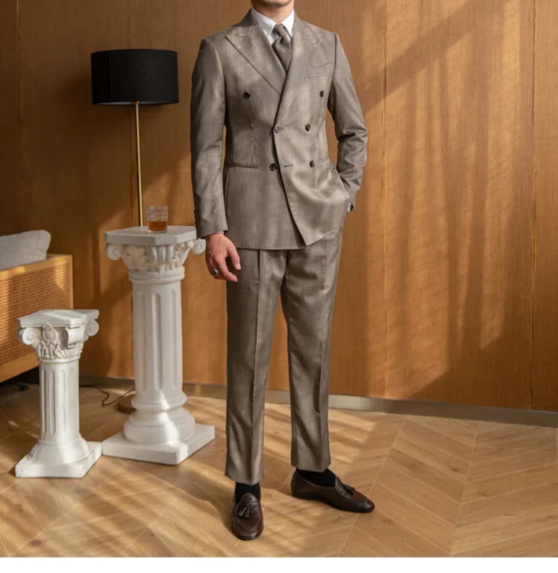 Costume croisé marron pour homme, coupe ajustée, revers en pointe, tenue d'affaires