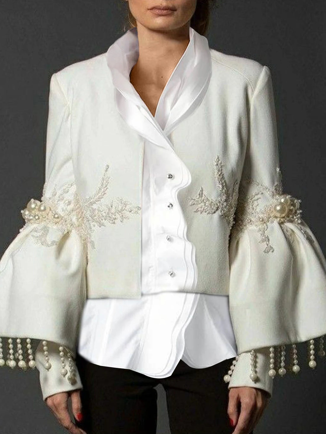 Vintage Elegant Stand Collar Jackets Women Spring Pearl Fringed Decor Embroidery Flared Sleeves Coat Party Evening Outerwears