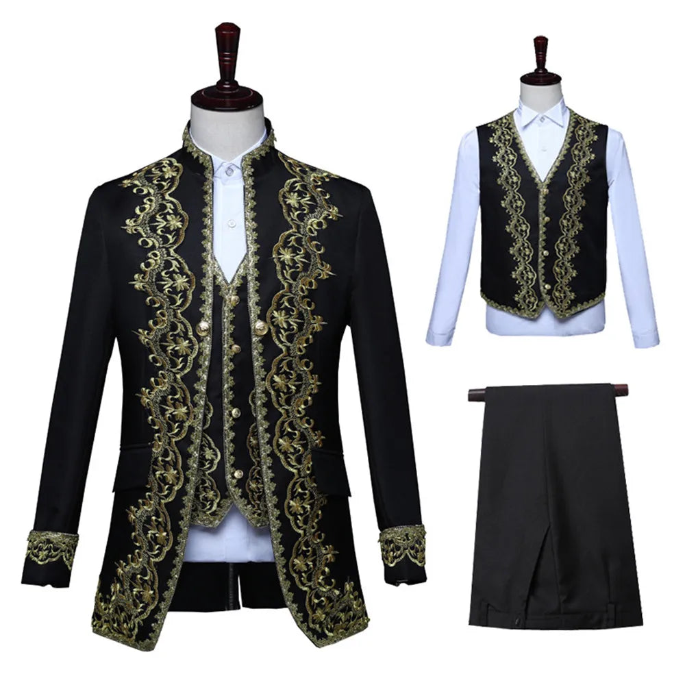 Costume 3 pièces vintage pour homme, veste de soirée élégante, noire et dorée, avec appliques, pour théâtre et gala