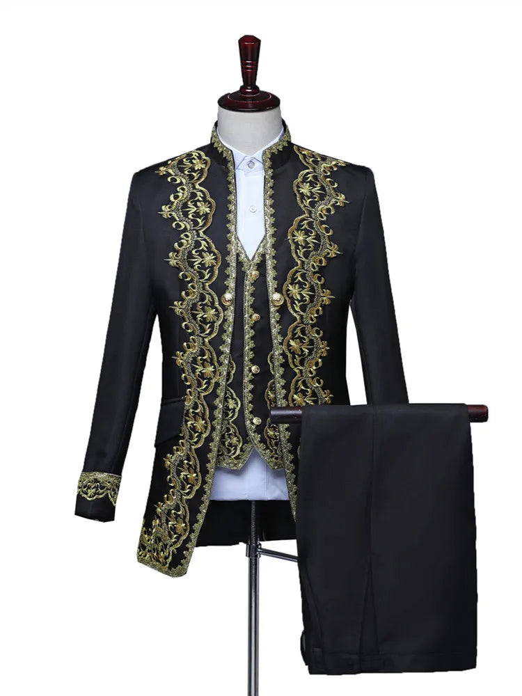Costume 3 pièces vintage pour homme, veste de soirée élégante, noire et dorée, avec appliques, pour théâtre et gala