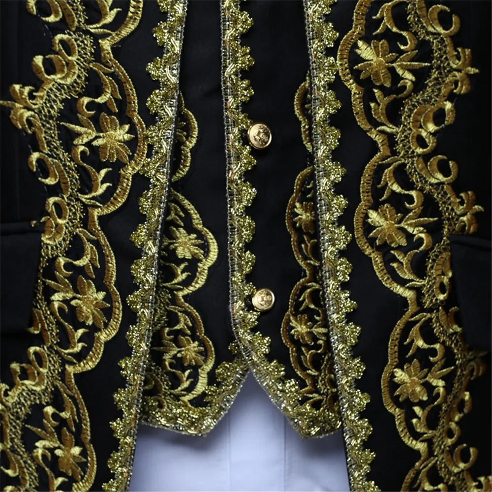 Costume 3 pièces vintage pour homme, veste de soirée élégante, noire et dorée, avec appliques, pour théâtre et gala