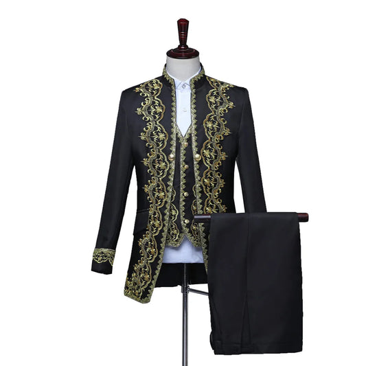 Costume 3 pièces vintage pour homme, veste de soirée élégante, noire et dorée, avec appliques, pour théâtre et gala