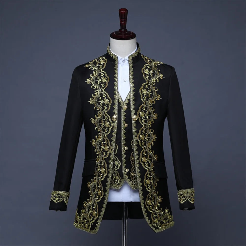Costume 3 pièces vintage pour homme, veste de soirée élégante, noire et dorée, avec appliques, pour théâtre et gala