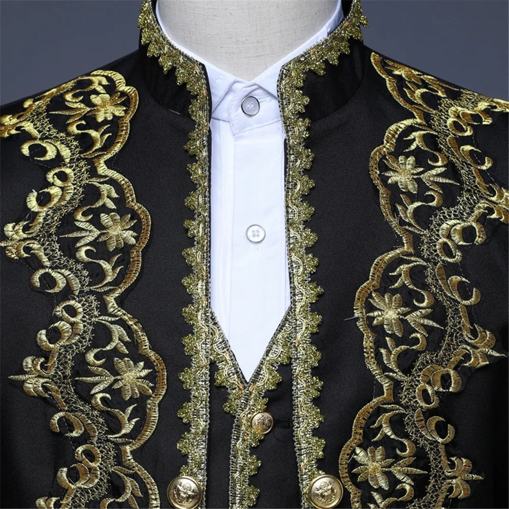 Costume 3 pièces vintage pour homme, veste de soirée élégante, noire et dorée, avec appliques, pour théâtre et gala