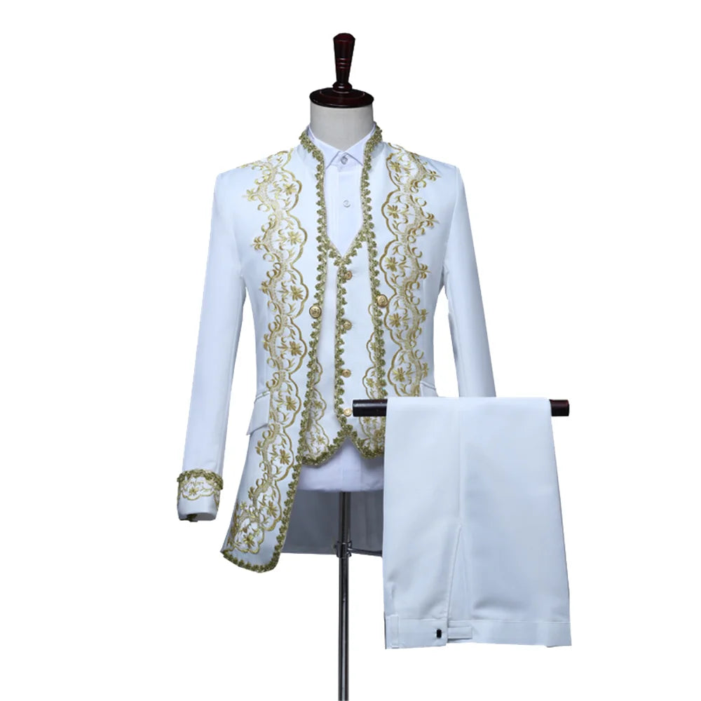 Costume 3 pièces vintage pour homme, veste de soirée élégante, noire et dorée, avec appliques, pour théâtre et gala