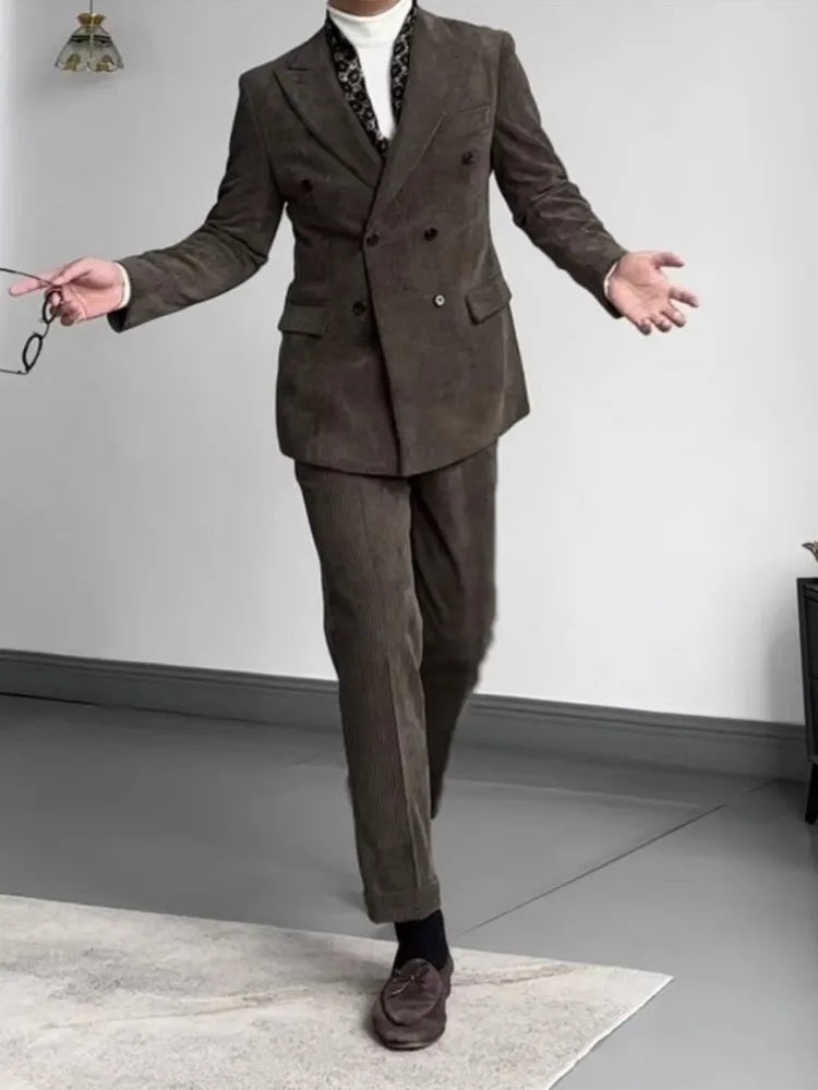Conjunto de traje de oficina vintage para hombre, diseño de chaqueta de pana cruzada, corte entallado, pantalones rectos de cintura alta, conjunto de dos piezas