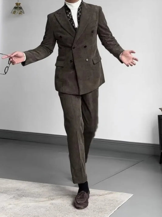 Vintage Office Men Suits Sets Design Mens Double Breasted Corduroy Suit Jacket Slim Fit High Waist Straight Pants Two Piece Set