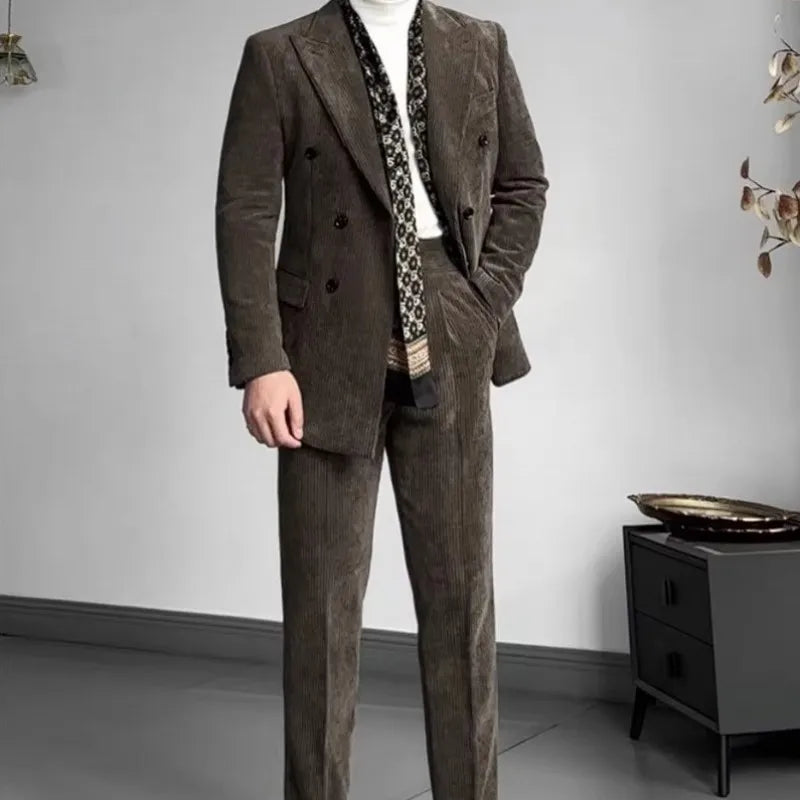 Conjunto de traje de oficina vintage para hombre, diseño de chaqueta de pana cruzada, corte entallado, pantalones rectos de cintura alta, conjunto de dos piezas