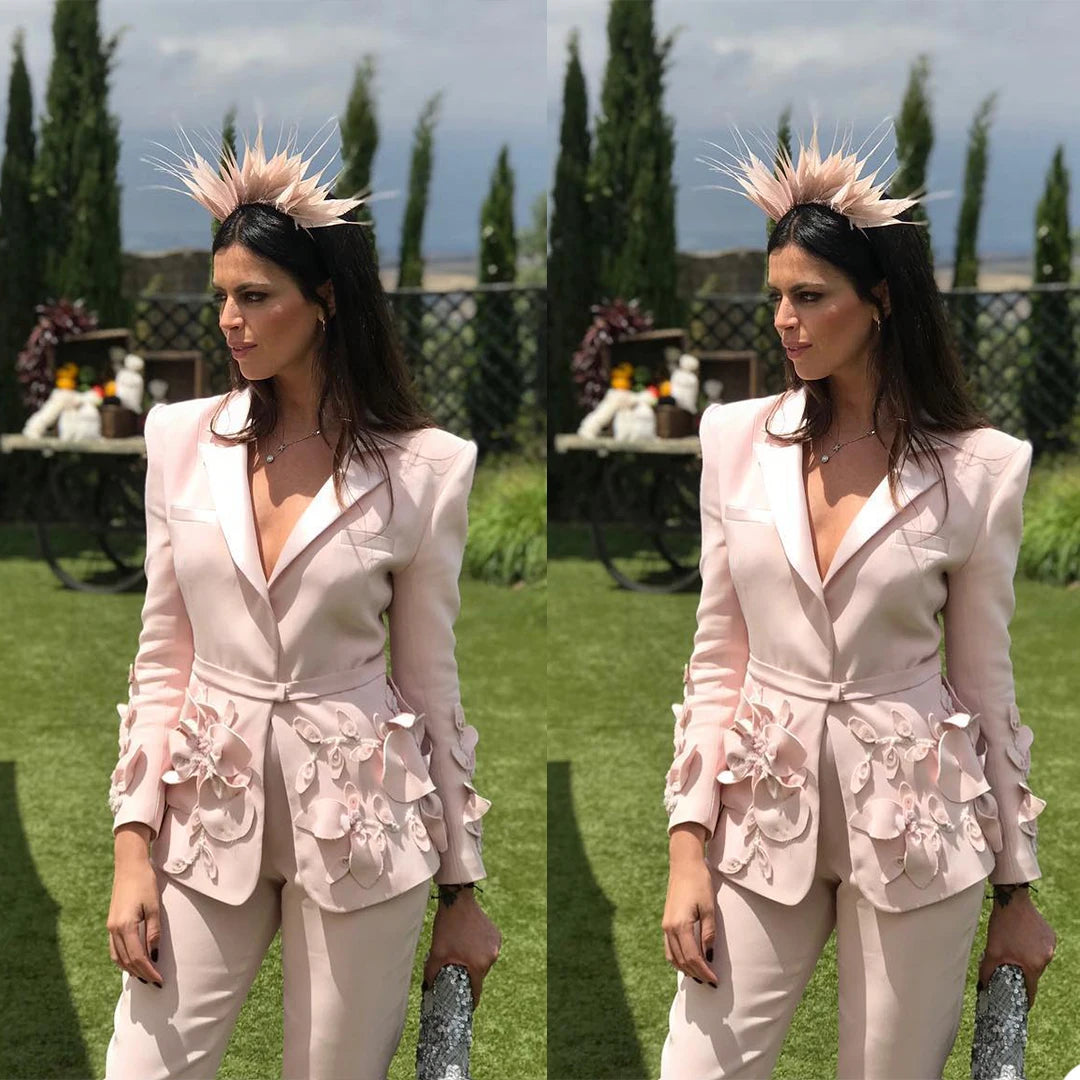 Vintage Pink Applique Dresses Flowers Slim Fit Jacket Custom Made Celebrity Party Prom Formal Blazer 2 Piece Set