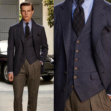 Vintage Suits For Men Wedding Slim Fit Herringbone Tuxedo Groom Wear Business Notch Lapel 3 Pcs Jacket Pants Vest Custom Made