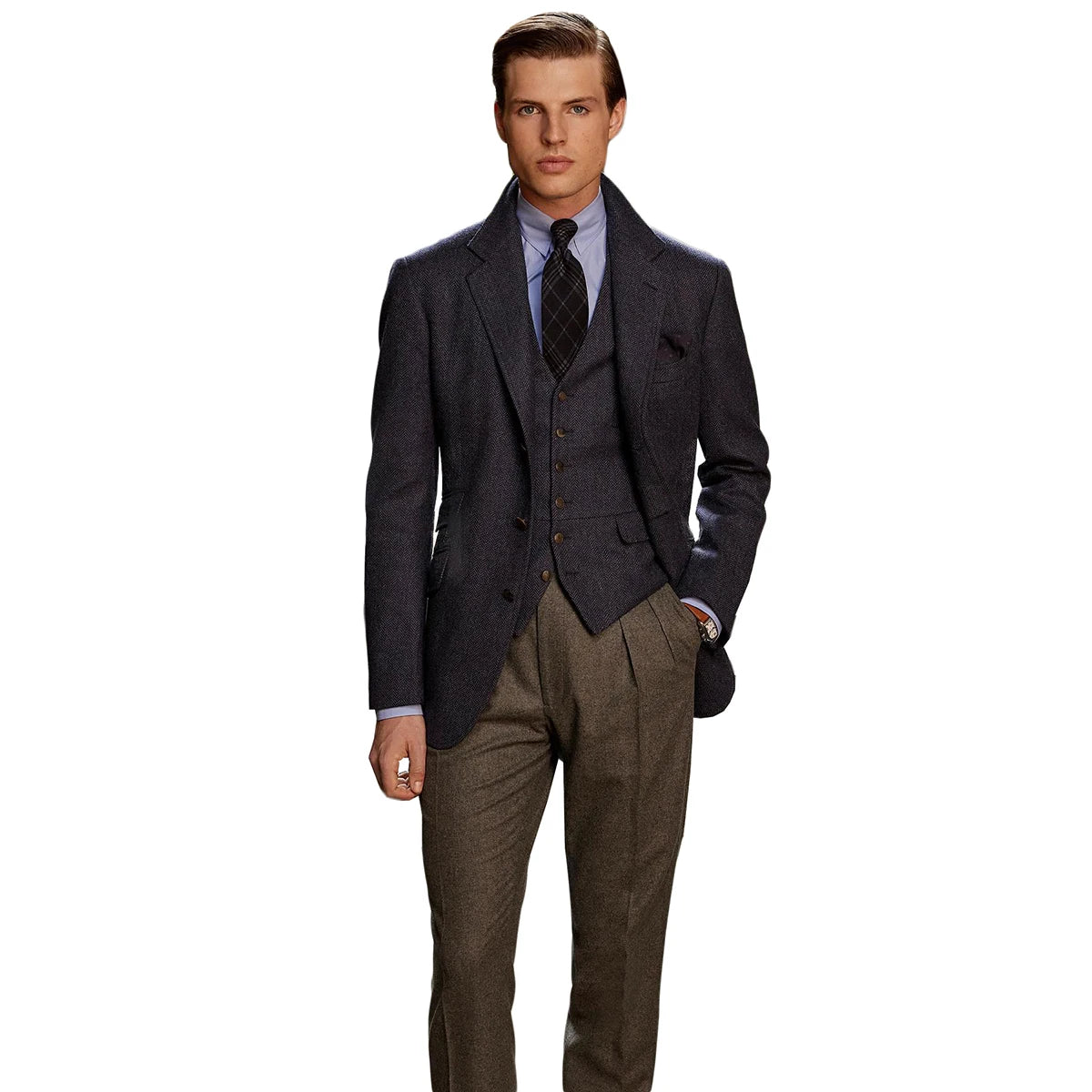 Vintage Suits For Men Wedding Slim Fit Herringbone Tuxedo Groom Wear Business Notch Lapel 3 Pcs Jacket Pants Vest Custom Made
