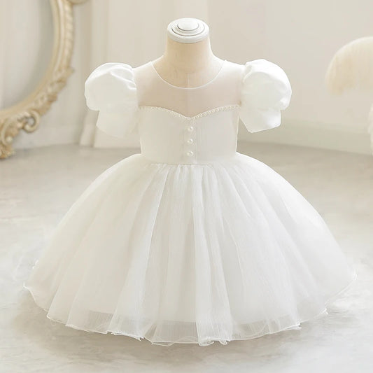 Ivory Puff Sleeve Tulle Dress for Girls with Pearl Buttons and Mesh Overlay