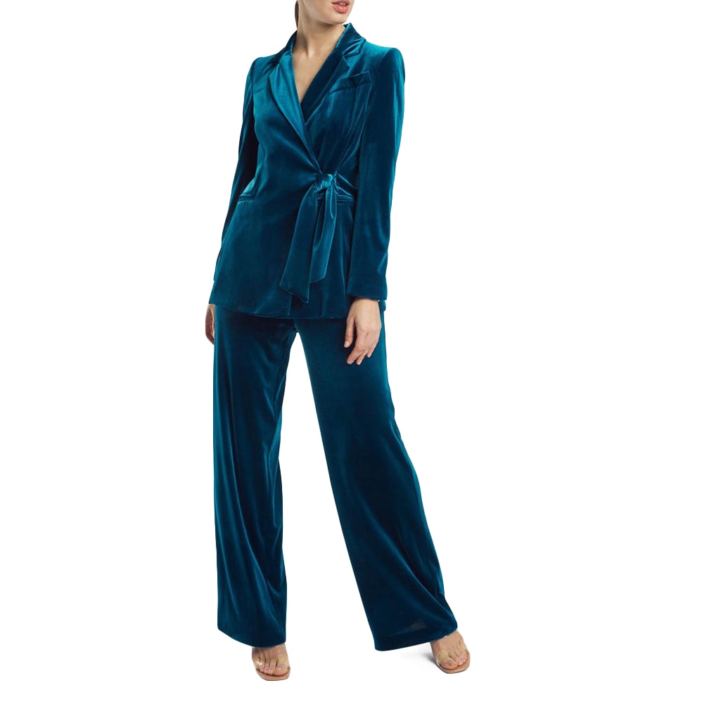 Traje formal de terciopelo cálido para mujer, chaqueta de manga larga, abrigo, pantalones ajustados informales, conjunto de 2 piezas 