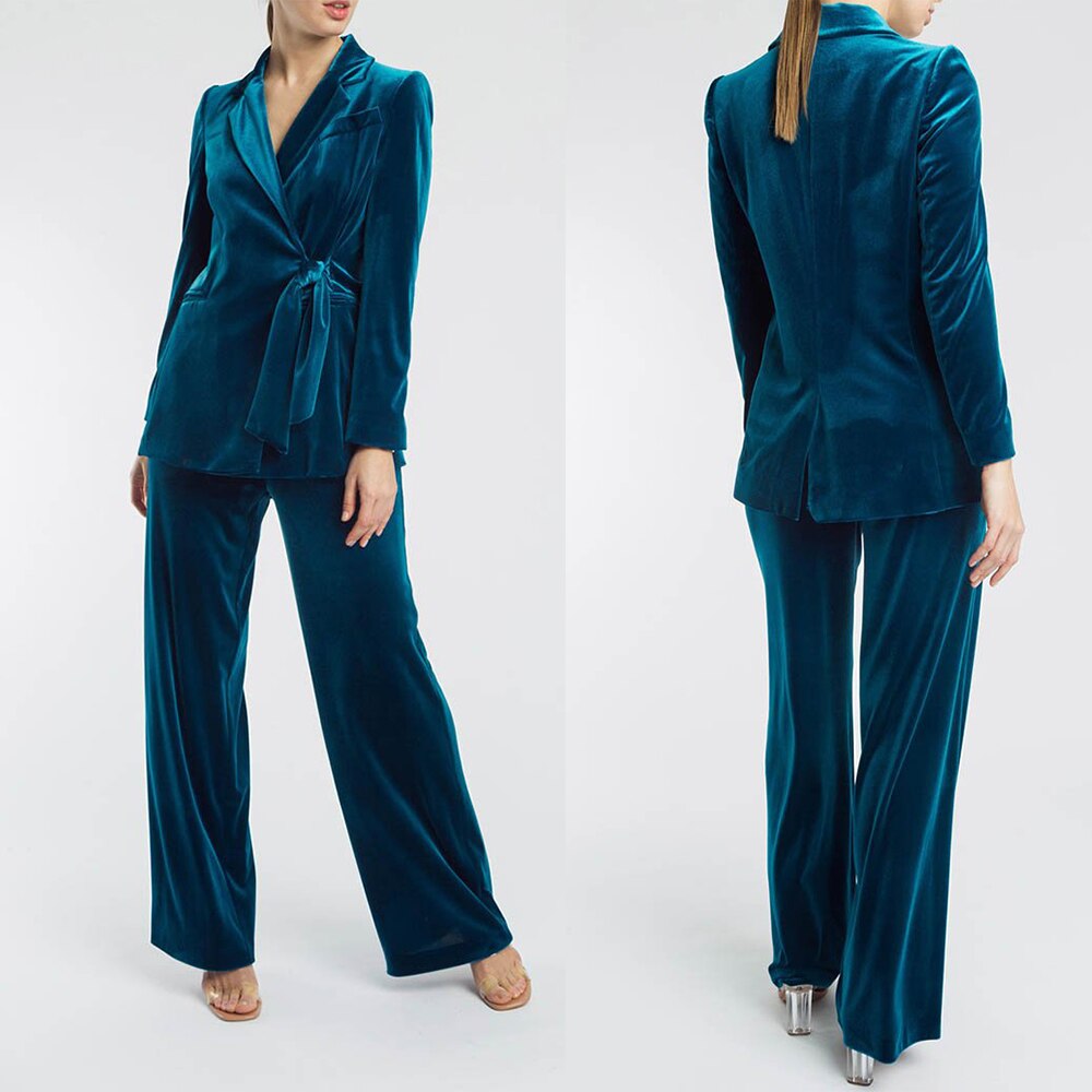 Traje formal de terciopelo cálido para mujer, chaqueta de manga larga, abrigo, pantalones ajustados informales, conjunto de 2 piezas 