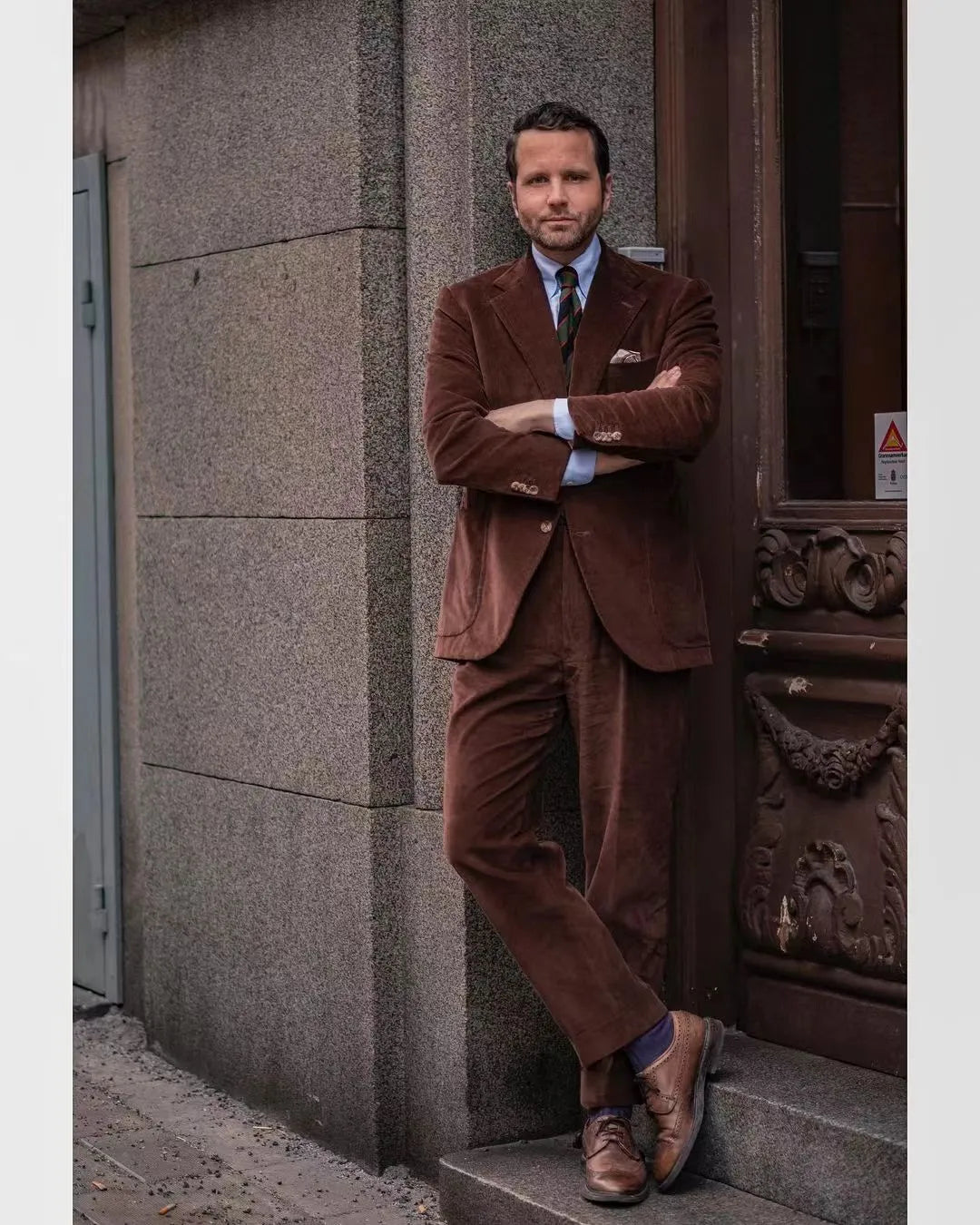 Costume de mariage formel pour homme, style business, en velours côtelé marron, deux boutons, blazer, ensemble 2 pièces (veste + pantalon)
