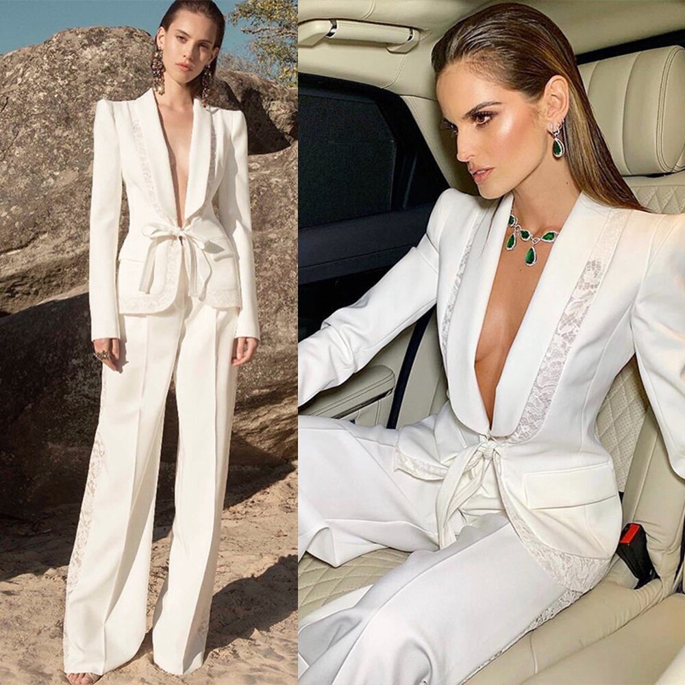 Trajes de chaqueta de encaje blanco marfil para mujer, para boda, invierno, para damas, para graduación, para invitados de noche, ropa formal, dos piezas, hechos a medida