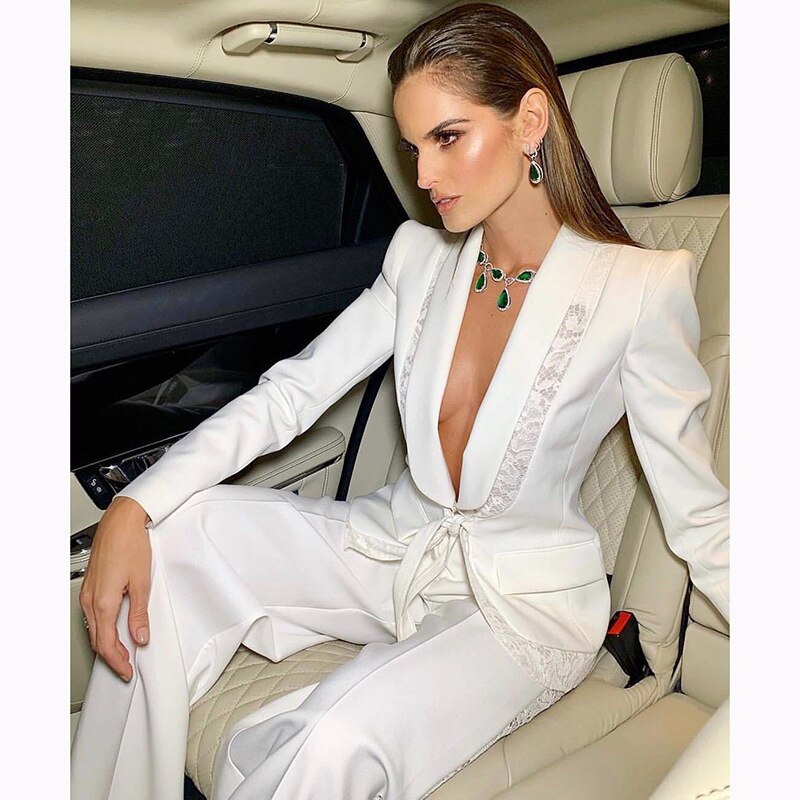 Costume de mariage deux pièces en dentelle blanche ivoire pour femme, veste d'hiver, tenue de soirée, tenue de soirée, sur mesure