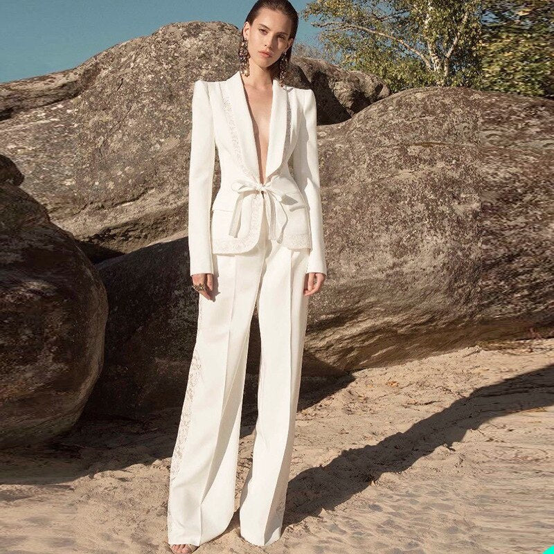Costume de mariage deux pièces en dentelle blanche ivoire pour femme, veste d'hiver, tenue de soirée, tenue de soirée, sur mesure