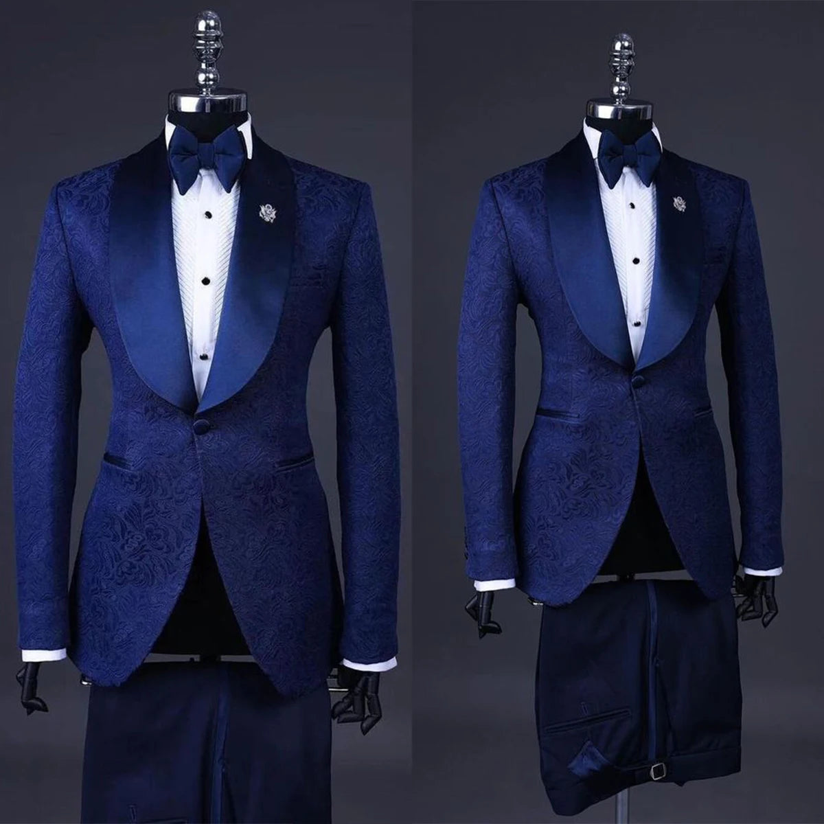 Elegante traje de boda de jacquard para hombre con solapa chal, blazer y pantalones a medida para el novio y el padrino.