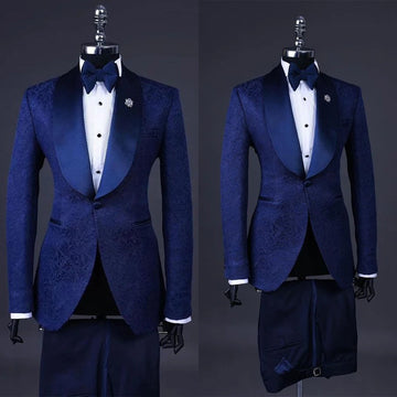 Elegante traje de boda de jacquard para hombre con solapa chal, blazer y pantalones a medida para el novio y el padrino.