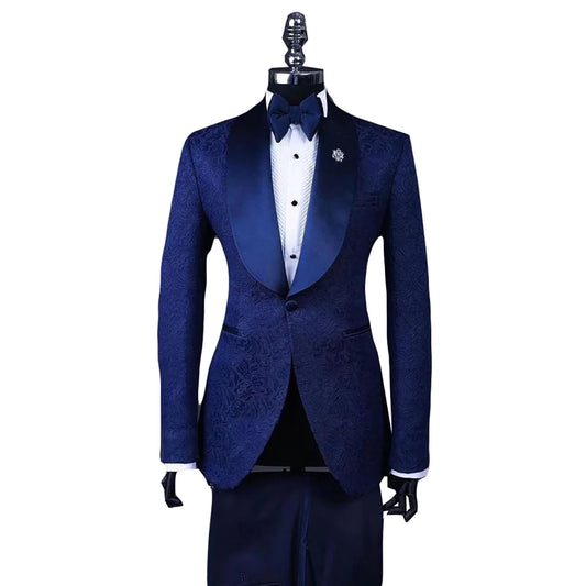 Elegante traje de boda de jacquard para hombre con solapa chal, blazer y pantalones a medida para el novio y el padrino.