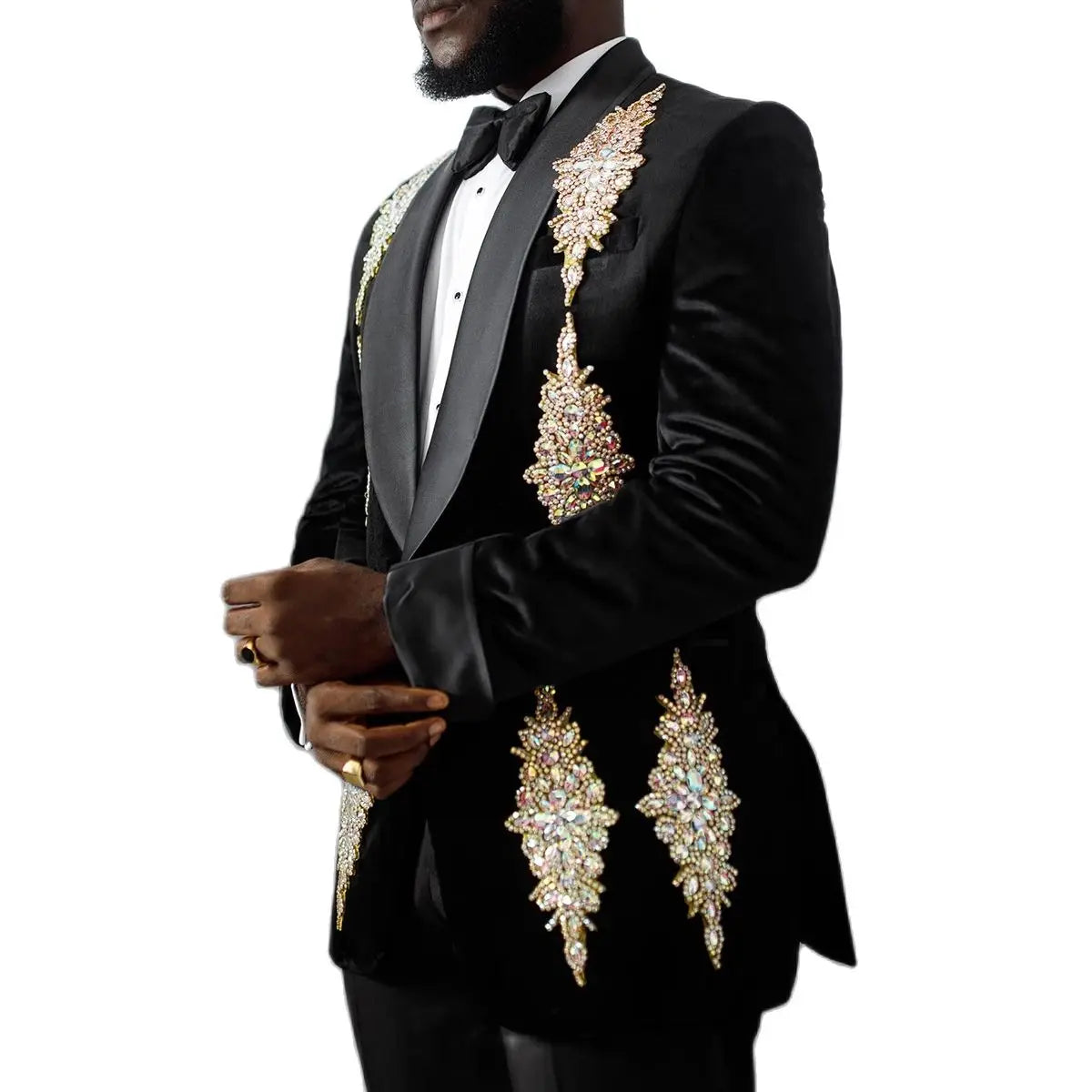 Lujoso traje de esmoquin de boda para hombre con exquisitos apliques de cuentas, solapa chal, blazer y pantalón de dos piezas a medida.