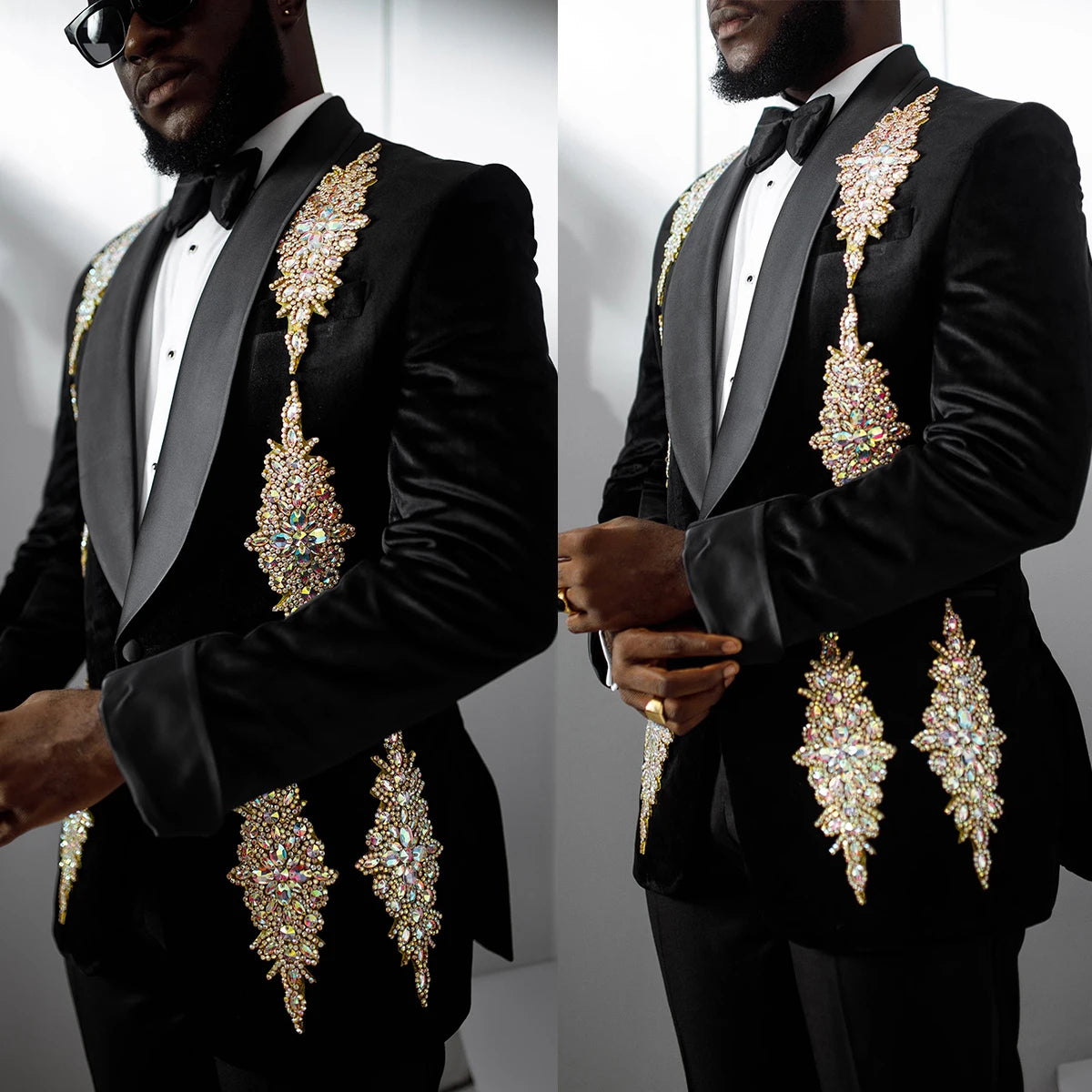 Lujoso traje de esmoquin de boda para hombre con exquisitos apliques de cuentas, solapa chal, blazer y pantalón de dos piezas a medida.