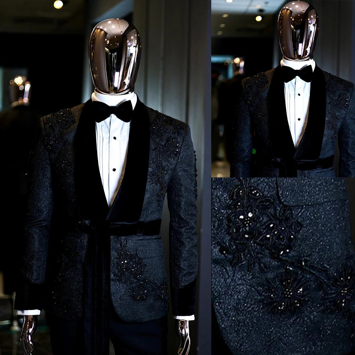 Costume smoking noir élégant pour homme avec broderie florale à paillettes et revers châle en peluche, tenue de soirée de luxe 2 pièces