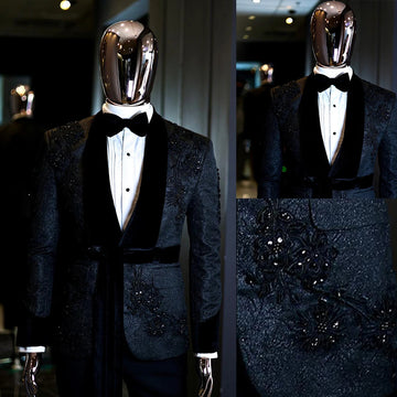 Costume smoking noir élégant pour homme avec broderie florale à paillettes et revers châle en peluche, tenue de soirée de luxe 2 pièces