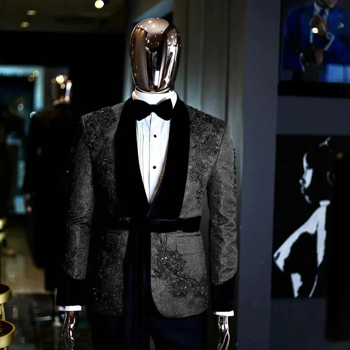 Elegant Black Tuxedo Suit for Men with Sequined Floral Embroidery and Plush Shawl Lapel, 2-Piece Luxury Formal Wear