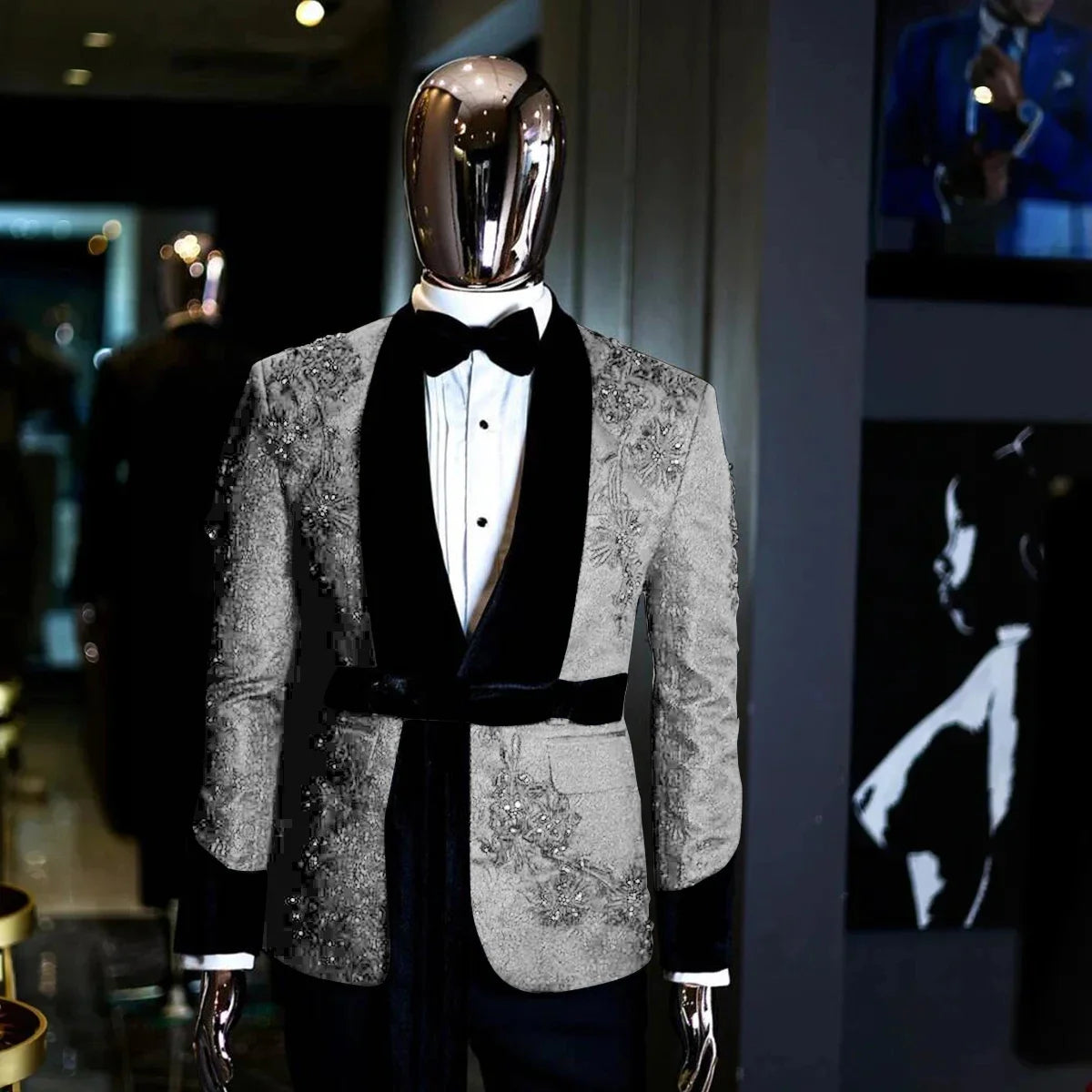 Elegant Black Tuxedo Suit for Men with Sequined Floral Embroidery and Plush Shawl Lapel, 2-Piece Luxury Formal Wear
