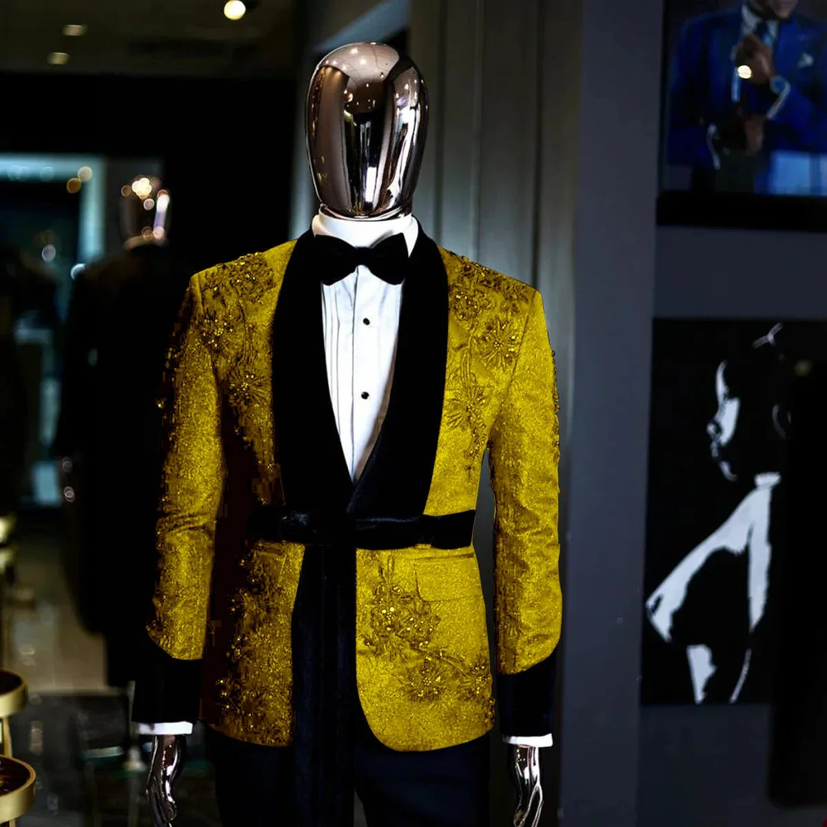 Elegant Black Tuxedo Suit for Men with Sequined Floral Embroidery and Plush Shawl Lapel, 2-Piece Luxury Formal Wear