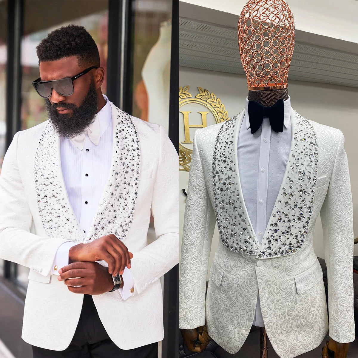 Mejora tu estilo: esmoquin blanco brillante con solapa de diamante para novios modernos - Traje formal a medida
