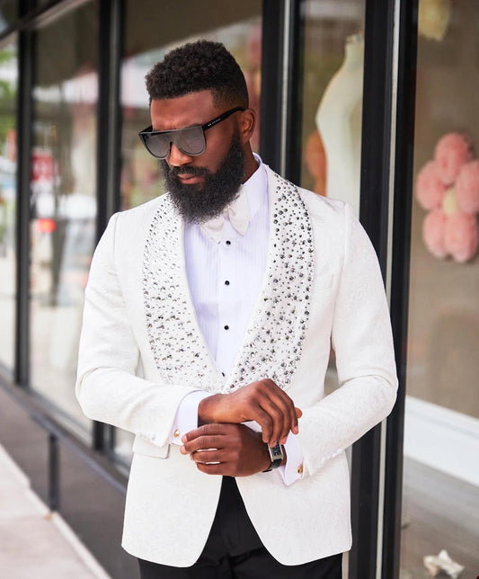 Mejora tu estilo: esmoquin blanco brillante con solapa de diamante para novios modernos - Traje formal a medida