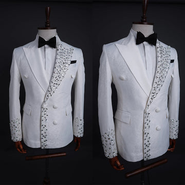 Elegant White Crystal Tuxedo Suit for Men – Modern Double Breasted Blazer with Peaked Lapel – Custom Fit for Weddings and Formal Events