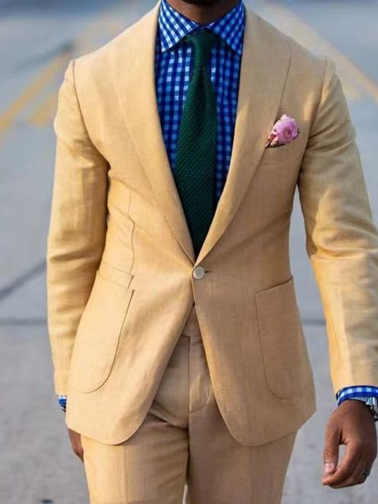 Traje de boda para hombre, color champán, un botón, corte entallado, personalizado, talla grande, esmoquin para novio, traje de 2 piezas (chaqueta + pantalón) 