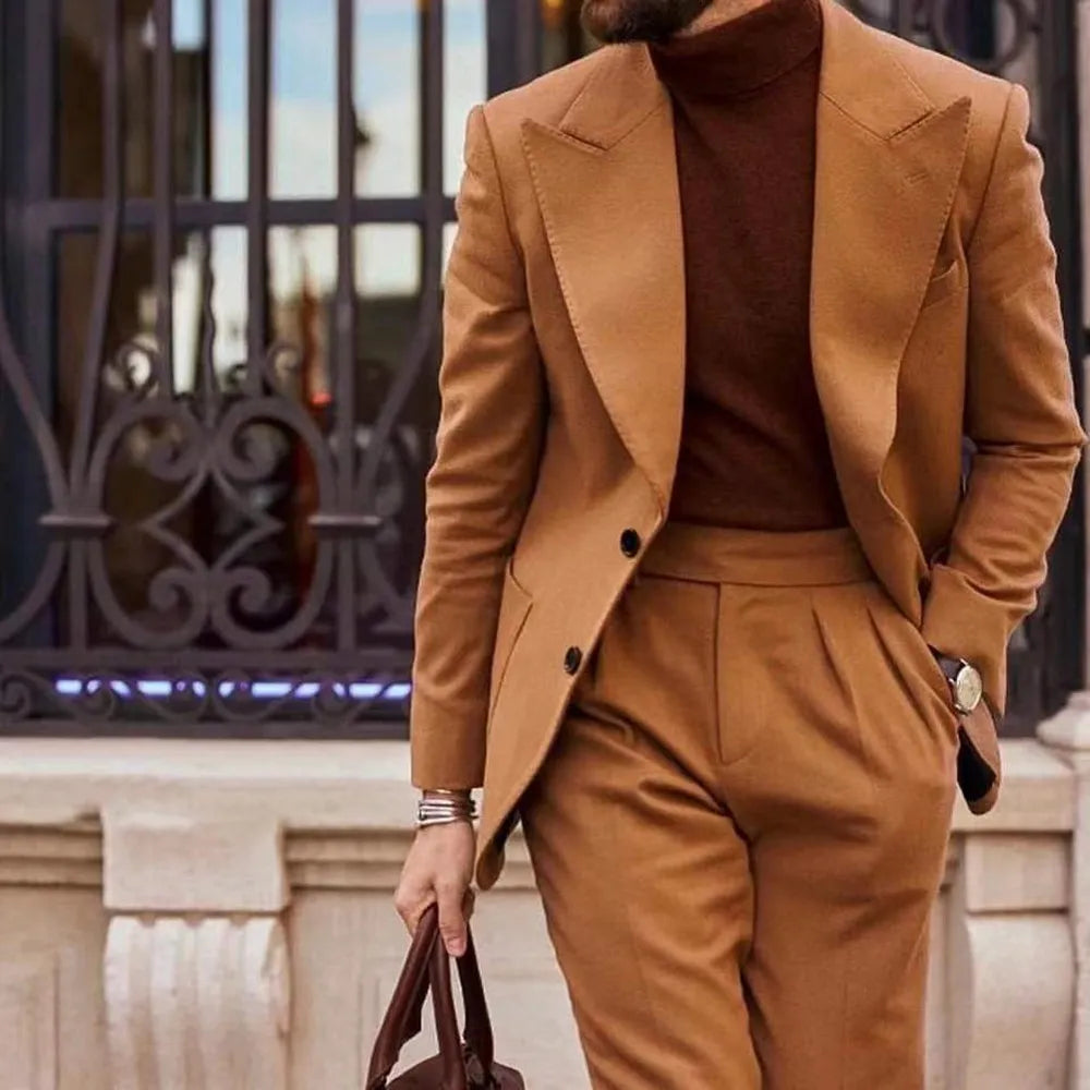 Traje de boda para hombre, corte entallado, marrón, dos botones, blazer, esmoquin personalizado, 2 piezas (chaqueta + pantalón) 