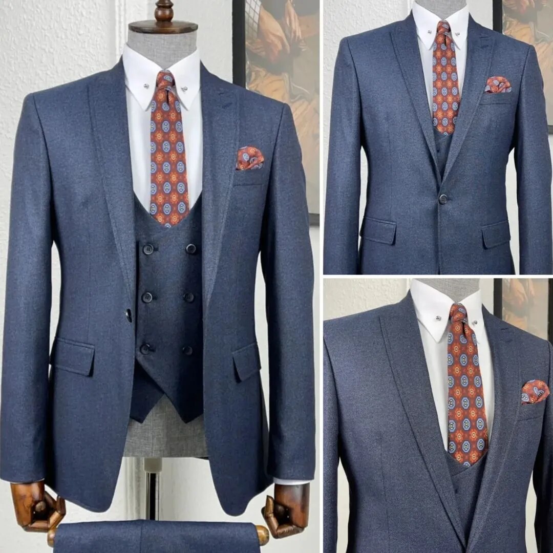 Costumes de mariage pour hommes, smoking bleu marine, coupe cintrée, style décontracté, 3 pièces (veste, pantalon, gilet)